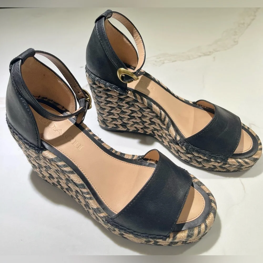 🥳🥳 COACH Kit Espadrilles, Black leather Wedge Peep Toe Platform Sandal Size 6 - Picture 12 of 12